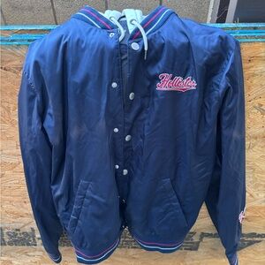 Hollister Men's Navy Hooded Bomber Jacket w/ Button Closure & Stitched Graphics